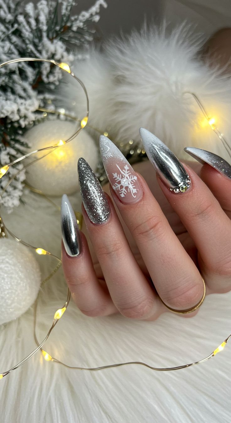 Silver Snowflake Chrome Nails Silver Snowflake Chrome Nails